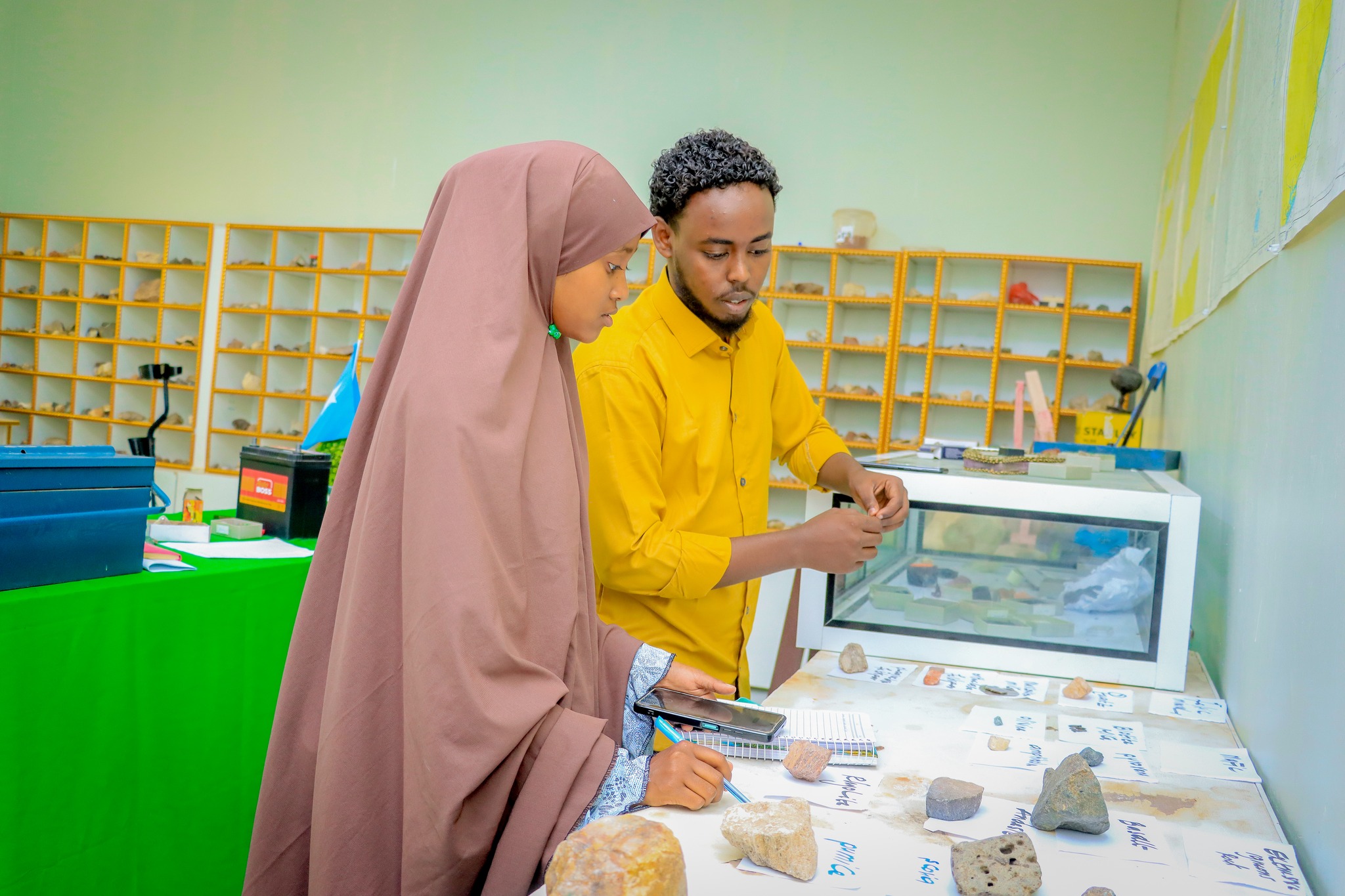 Students examining mineral samples in the Almaas University Geology Lab